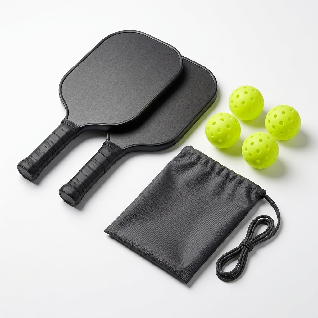 Pickleball paddle set with 2 graphite paddles, 4 balls, and carry bag