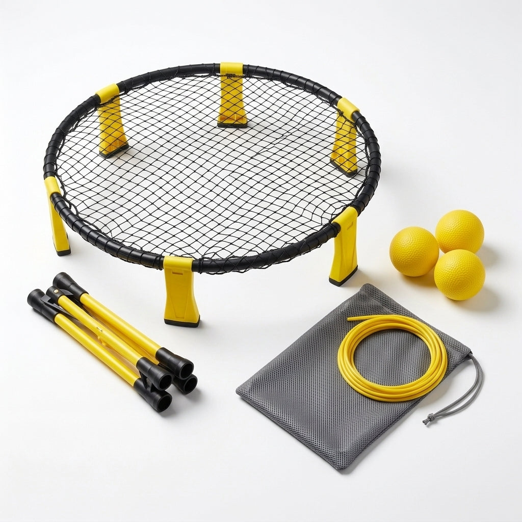 Roundnet game set with trampoline net, 3 balls, and carry bag