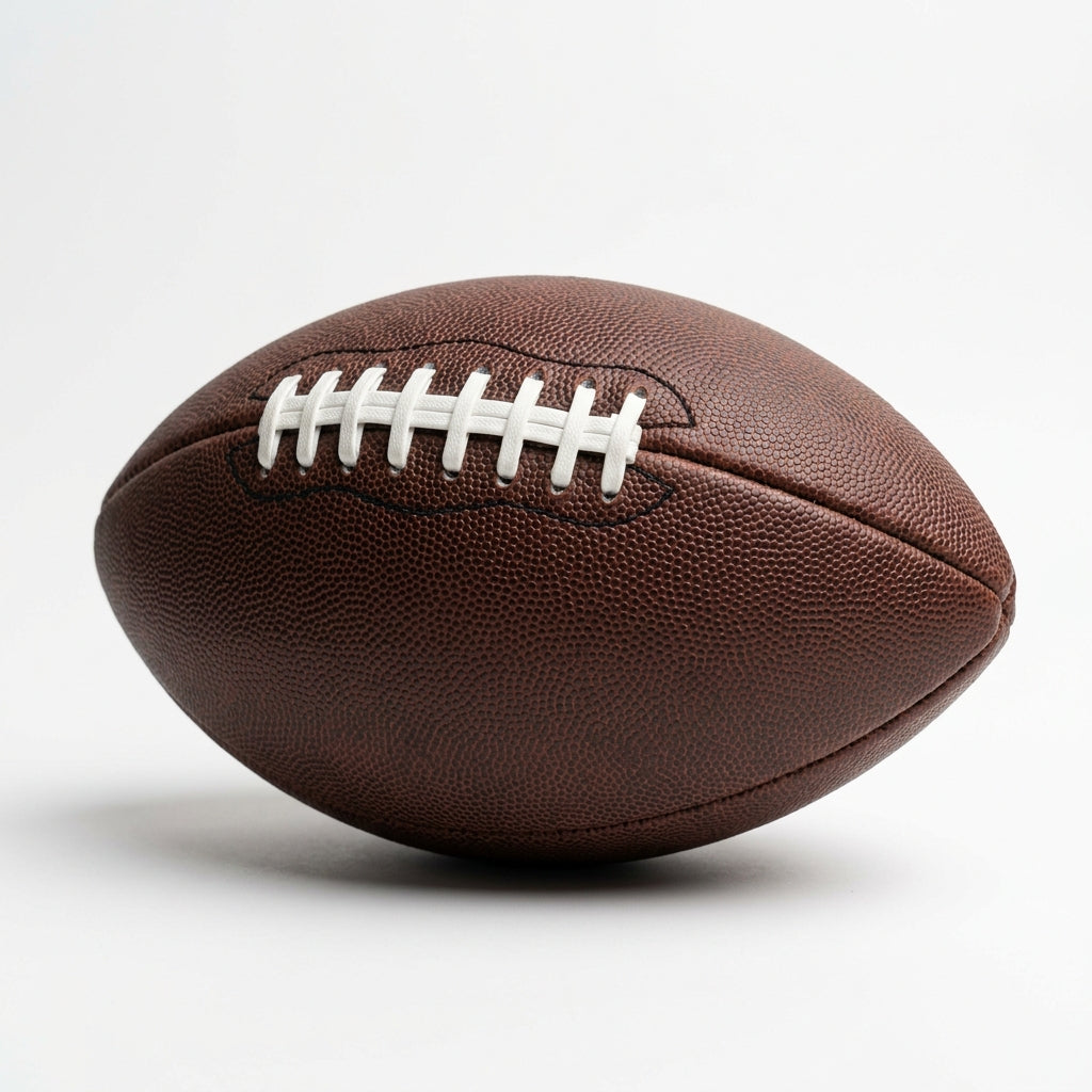 Brown composite leather training football with white laces on white background